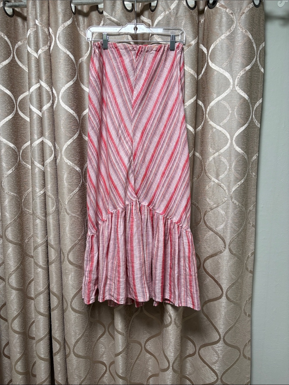 Vintage Pink and White Striped Maxi Skirt with Ruffle Hem